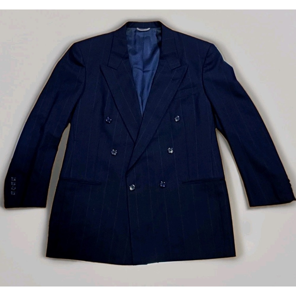 Vtg Christian Dior Monsieur Black Pinstripe Wool Double Breasted Blazer 42R USA